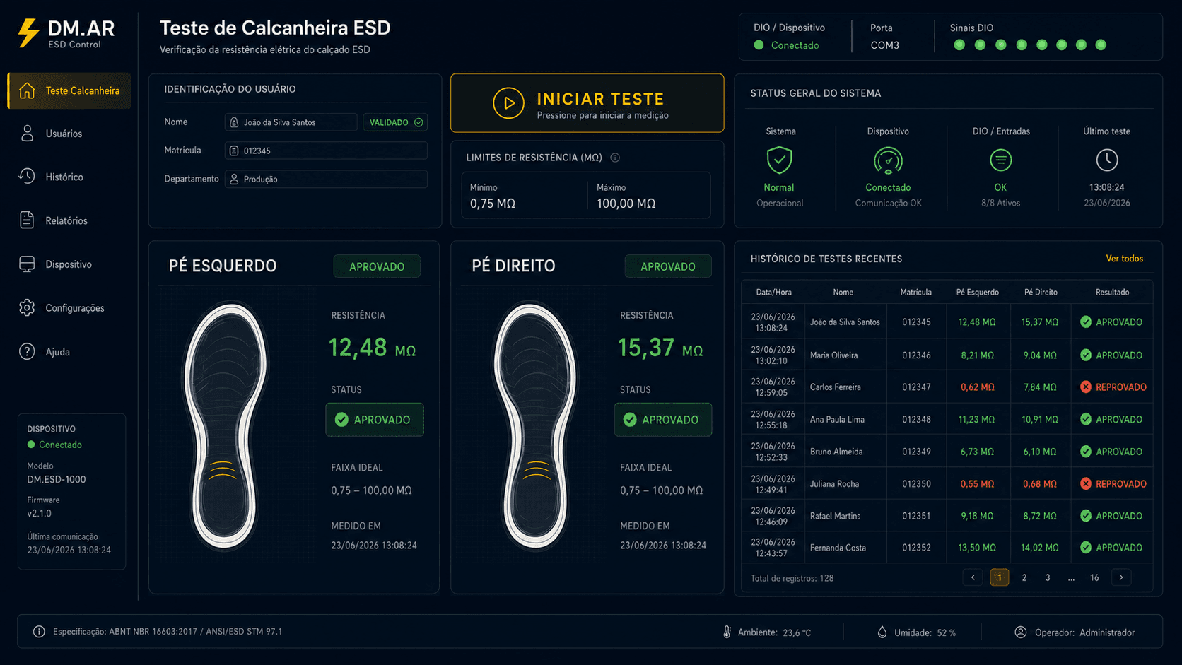 Tela DM ESD Control para teste de calcanheira e resistência dos pés esquerdo e direito