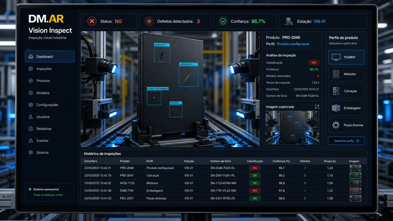 Dashboard DM Vision Inspect para inspeção visual industrial de produtos configuráveis com detecção de manchas arranhões poeira e corpos estranhos